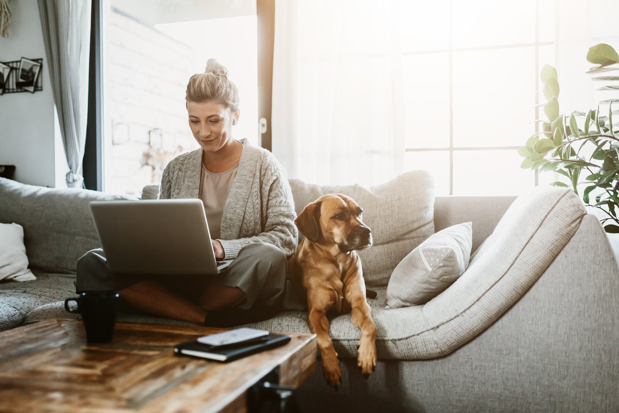 woman sitting on couch with computer and dog